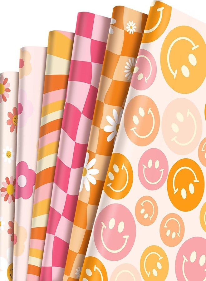 Bolsome 12 Sheets Boho Wrapping Paper Retro Groovy Gift Wrap Paper, Smiley Face Floral Daisy Pattern Wrapping Paper for Baby Shower Birthday Wedding DIY Crafts Gift Packing - Image 1